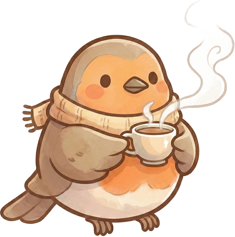 Birds & Brews mascot — a bird enjoying coffee